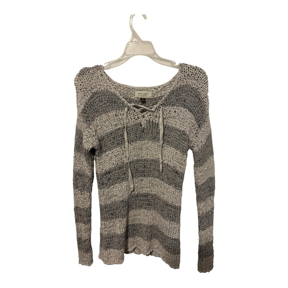 Sonoma gray and beige horizontal striped knit sweater with lace up detail